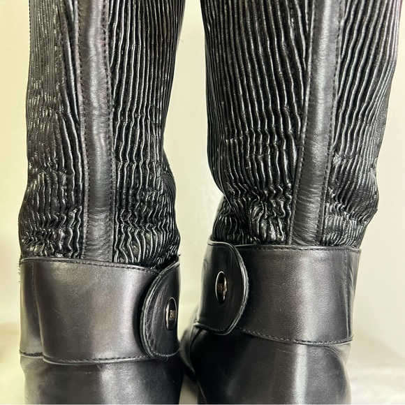 Hugo Boss Dress Knee High Black Leather Stretchy Calf Zip Boots 38 Almond Toe 8 - Picture 6 of 15